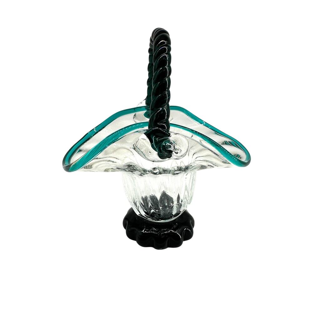 Vintage Hand Blown Art Glass Basket Teal Blue Rim Rope Handle Murano Style